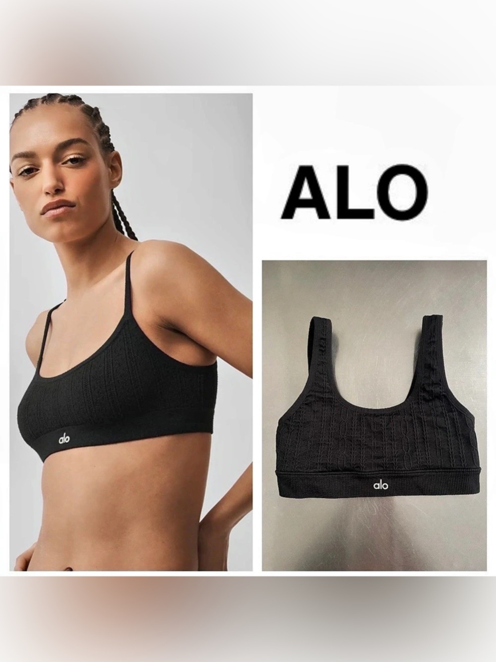 Alo Black Pointelle Sweater Be Mine Sports Bra